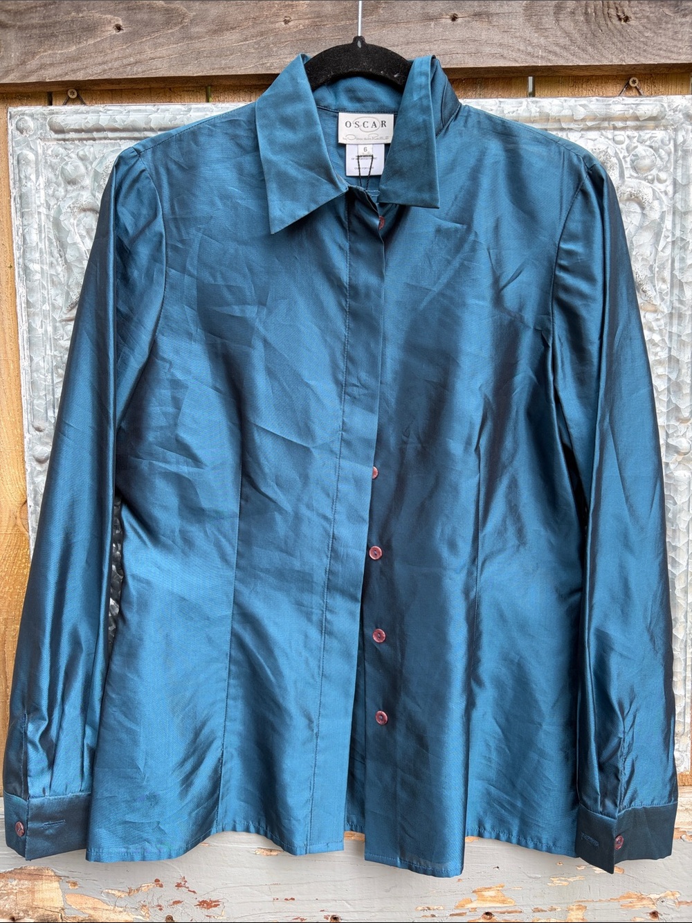 Oscar de la Renta Teal silk Button-Front Blouse NWT Ocean Blue 6 - Picture 2 of 14